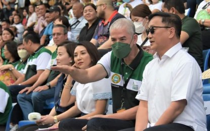 <p><strong>MASS GATHERING</strong>. Negros Occidental Governor Eugenio Jose Lacson (2nd from right) with Senator Francis Tolentino (right) and Tourism Secretary Christina Garcia Frasco (3rd from right) during the opening of the 27th Panaad sa Negros Festival at the Panaad Park and Stadium in Bacolod City on Monday (April 17, 2023). On Wednesday (April 19), Lacson encouraged the public to use face masks in crowded places as the province’s Covid-19 positivity rate has surpassed the 5 percent threshold. <em>(Photo courtesy of PIO Negros Occidental)</em></p>