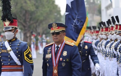 <p><strong>TESTIMONIAL PARADE.</strong> The Philippine Military Academy honors outgoing Philippine National Police chief Gen. Rodolfo Azurin Jr. with a testimonial parade at Fort Del Pilar in Baguio City on Saturday (April 22, 2023). Azurin will reach the mandatory retirement age of 56 on Monday.<em> (Courtesy of PNP)</em></p>