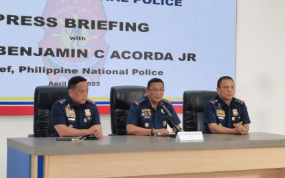 <p>PNP chief Gen. Benjamin Acorda Jr (center) during a press briefing held at Camp Crame, Quezon City on Tuesday (April 25, 2023). Also present during the press briefing are Lt. Gen. Rhodel Sermonia DCA (left), and Maj. Gen. Mario Reyes (right), director DPCR. <em>(PNA photo by Christopher Lloyd T. Caliwan)</em> </p>