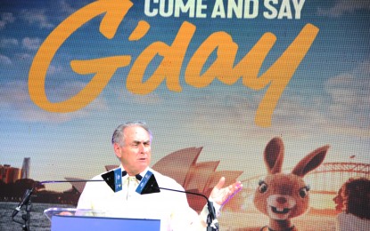 <p><strong>TOURISM MARKET</strong>. Australian Tourism and Trade Minister Don Farrell Senator delivers a speech during the introduction of Tourism Australia's newest campaign "Come and Say G'day" at the Forbes in Makati City on Monday night (April 24, 2023). Farrell said Canberra hopes to further increase these connections and attract more Filipinos to visit the country. <em>(PNA photo by Jess M. Escaros)</em></p>