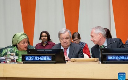 <p><strong>LACK OF PROGRESS</strong>. UN Secretary-General Antonio Guterres (center) attends a briefing to UN member states on the special edition of his SDG Progress Report, at the UN headquarters in New York on April 25, 2023. Guterres sounded the alarm on the lack of progress on Sustainable Development Goals (SDGs). <em>(Eskinder Debebe/UN Photo/Handout via Xinhua)</em></p>