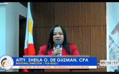 <p><strong>VIRTUAL ECONOMIC FORUM</strong>. Philippine Statistics Authority Ilocos regional director Sheila De Guzman speaks at a forum on Thursday (April 27, 2023). De Guzman said the region posted a 7.6-percent economic growth in 2022. <em>(Photo screenshot from PSA's live stream)</em></p>