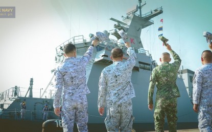 <p><strong>SEND-OFF. </strong>The Fleet Marine Ready Force headed by Brig. Gen. Edwin Amadar, waves at BRP Antonio Luna (FF-151) as they get underway to participate in the ASEAN-India Maritime Exercise (AIME) 2023 to be conducted in Singapore from May 2-8, 2023. The event will feature harbor and at-sea events aimed at enhancing interoperability and exchange of best practices among participating navies. <em>(Photo cortesy of Philippine Navy) </em></p>