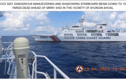 <p><strong>DANGEROUS.</strong>  The Chinese Coast Guard vessel shadowing the BRP Malapascua in the vicinity of Ayungin Shoal on April 23, 2023. The Department of Foreign Affairs rebuked China for "dangerous maneuvering" in the West Philippine Sea. <em>(Courtesy of PCG)</em></p>