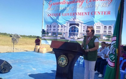 <p><strong>GROUNDBREAKING.</strong> Antique Governor Rhodora Cadiao delivers her message during the groundbreaking ceremony for the government center in the capital town of San Jose de Buenavista on Friday (April 28, 2023). Cadiao said the PHP970 million funding for the construction will come from the provincial government savings. <em>(PNA photo by Annabel Consuelo J. Petinglay)</em></p>