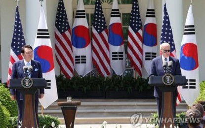 <p><strong>ALLIES.</strong> South Korean President Yoon Suk Yeol (left) and U.S. President Joe Biden hold a joint news conference after their summit at the White House in Washington, D.C., on April 26, 2023. North Korea said it will improve its military capability in response to the Washington Declaration. <em><strong>(Yonhap)</strong></em></p>