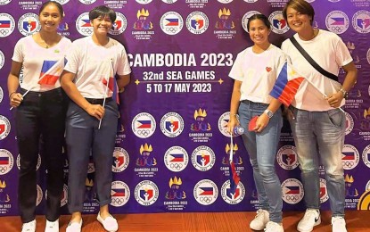 <p><strong>HOPING FOR THE BEST.</strong> Philippine women's tennis team players (L-R) Jenaila Rose Prulla, Shaira Hope Rivera, Marian Capadocia and coach Czarina Mae Arevalo attend the Cambodia SEA Games send-off ceremony at the Philippine International Convention Center in Pasay City on April 24, 2023. The team will leave for Phnom Penh on May 4. <em>(Contributed photo)</em></p>