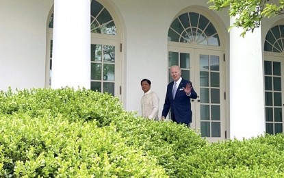 <p><strong>TRADE MISSION.</strong> Presidents Ferdinand R. Marcos Jr. and Joe Biden walk along the corridors of the White House on Monday (May 1, 2023). Biden said he would send a "first of its kind" presidential trade and investment mission to the Philippines in a bid to promote broad-based economic growth.<em> (Photo courtesy of PCO)</em></p>