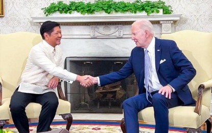 <p><strong>IRONCLAD ALLIANCE.</strong> Presidents Ferdinand Marcos Jr. and Joe Biden shake hands during a meeting at the White House on Monday (May 1, 2023). The two committed to strengthen the longstanding alliance in terms of economic and military cooperation. <em>(Photo courtesy of PCO)</em></p>
