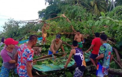 <p><strong>TORNADO-HIT VILLAGE.</strong> Villagers clear fallen trees and damaged motorized bancas after a tornado hit Barangay Nalkan, Datu Blah Sinsuat, Maguindanao del Norte, on Monday afternoon (May 1, 2023).  The twister occurred amid a heavy downpour.<em> (Photo from LGU-owned DXDM 99.5 FM Radio)</em></p>