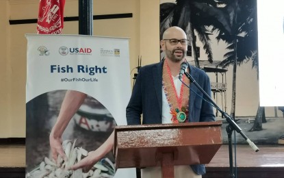 <p><strong>FISH RIGHT PROGRAM.</strong> Roger Ryders, Environment officer of USAID-Philippines, on Thursday (May 4, 2023) lauds the gains of the Southern Negros Fish Right Program. Speaking at a Handover Event at Silliman University, the USAID official noted the successful government-to-government collaboration to increase marine biodiversity conservation and improve the fisheries sector. <em>(Photo by Judy Flores Partlow)</em></p>