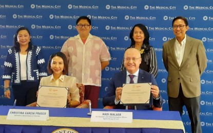 <p><strong>WELLNESS TOURISM</strong>. Tourism Secretary Cristina Frasco (left, seated) and Agora Co-Founder and Chief Executive Officer (CEO) Hadi Malaeb sign the title sponsorship agreement for the International Health and Wellness Tourism Congress at The Medical City in Pasig on Friday (May 5, 2023). Joining them are (L-R, standing) DOT officials OIC-Undersecretary for Tourism Development Verna Buensuceso, Office of Product and Market Development (OPMD) Director Paulo Benito Tugbang, Agora Group Philippines Representative Angel Ramos Bognot, and Medical City President and CEO Dr. Eugenio Jose Ramos. <em>(Photo by Joyce Rocamora)</em></p>