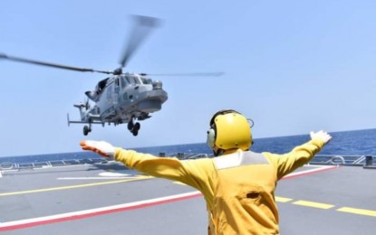 <p><strong>LANDING DRILL.</strong> An AgustaWestland (now Leonardo) AW-159 "Wildcat" anti-submarine helicopter lands on the flight deck of the Philippine Navy's missile frigate BRP Antonio Luna off Corregidor Island on April 27, 2023. The BRP Antonio Luna on Thursday (May 4, 2023) said this achievement demonstrates the growing capability and readiness of the Navy's crews and platforms as a team for anti-submarine warfare operations. <em>(Photo courtesy of BRP Antonio Luna Facebook page)</em></p>