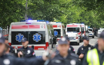 <p>Police take security measures after a 7th-grade student opened fire at the school in Belgrade, Serbia on May 03, 2023.</p>