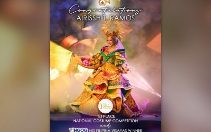 <p>BEST IN NAT'L DRESS. Airissh Ramos of Eastern Samar is the winner of the Miss Universe Philippines National Costume Competition at the Leyte Normal University on Thursday evening (May 4, 2023). Her costume, according to her, represents the thriving agribusiness and the "warmth and wonder" of the 23 municipalities of the province. <em>(Photo courtesy of Tingog Partylist)</em></p>