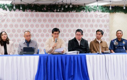 <p><strong>MOMENT OF TRUTH.</strong> Department of the Interior and Local Government (DILG) Secretary Benjamin Abalos Jr. (3rd from left) holds a press briefing together with officials of the National Police Commission (Napolcom) at the DILG main office in Quezon City on Monday (May 8, 2023). Abalos said the advisory group that screened ranking officials of the Philippine National Police (PNP) has recommended the filing of administrative and criminal charges against four senior police officials for their alleged links to illegal drugs. <em>(PNA photo by Robert Oswald P. Alfiler)</em></p>