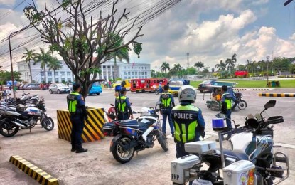 <p><strong>TRANSPORT STRIKE.</strong> Personnel of the Bacolod City Police Office Traffic Enforcement Unit monitor the protest of some transport groups at the Government Center grounds on Monday (May 8, 2023). The strike, however, failed to paralyze the operations of businesses and schools. <em>(Photo courtesy of TEU-BCPO</em></p>