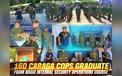 <p><strong>INTERNAL SECURITY OPS.</strong> At least 160 personnel of the Police Regional Office in the Caraga Region completed the 60-day Basic Internal Security Operations Course (BISOC) on May 8, 2023, during the graduation rites held at the Regional Training Facility in Santiago, Agusan del Norte. The training focused on the effectiveness of police personnel in handling internal security operations. <em>(Photo courtesy of PRO-13)</em></p>