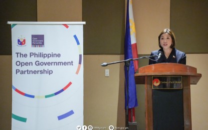 <p><strong>GOV’T TRANSPARENCY</strong>. Budget Secretary Amenah Pangandaman delivers a keynote speech on the second day of the week-long event of the Philippine Open Government Partnership (PH-OGP) in Manila on Tuesday (May 9, 2023). Pangandaman called for stronger public participation and enhanced transparency and accountability in government processes. <em>(Photo courtesy of the Department of Budget and Management)</em></p>