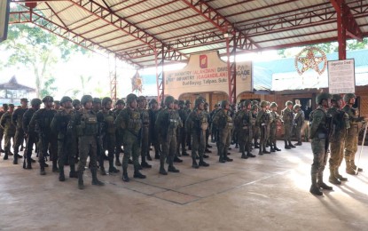 <p><strong>PEACEKEEPERS.</strong> Members of the 4th Special Forces Company (4SFC) that will be part of the Philippine Army’s United Nations Light Infantry Battalion (PA UNLIB) stand in formation during the send-off ceremony at the brigade's headquarters in Bud Bayug, Barangay Samak, Talipao, Sulu on May 8, 2023. Army spokesperson Col. Xerxes said Wednesday (May 10, 2023) the 4SFC has been very efficient in its tasks before being selected for the PA UNLIB. <em>(Photo courtesy of 1101st Infantry Brigade)</em></p>