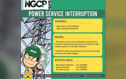 <p><strong>POWER OUTAGE</strong>. The National Grid Corporation of the Philippines (NGCP) will conduct preventive and corrective maintenance in its two substations in Albay province from 6 a.m. to 6 p.m. on Friday (May 12, 2023). Residents of Sto. Domingo, portions of Bacacay, Malilipot and Tabaco City in the province's First District, as well as Legazpi City, Manito, Camalig and Daraga in the Second District were advised to prepare for the 12-hour brownout.<em> (Infographic courtesy of NGCP)</em></p>