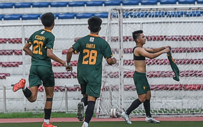 <p><strong>FINALS-BOUND</strong>. Gio Pabualan celebrates after scoring for Far Eastern University (FEU) in its semifinals match against La Salle at the Rizal Memorial Stadium on Thursday (May 11, 2023). FEU booked the men’s football finals via 2-0 victory. <em>(UAAP photo)</em></p>