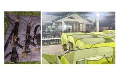 <p><strong>ENCOUNTER</strong>. The two high-powered firearms (left) recovered by troops of the Philippine Army’s 94th Infantry Battalion after a clash with New People’s Army rebels in Barangay Hilamonan, Kabankalan City, Negros Occidental on Thursday night (May 11, 2023). Displaced residents are staying in evacuation centers, mostly in Hilamonan Gymnasium. <em>(Courtesy of Philippine Army, Mayor Benjie Miranda Facebook)</em></p>