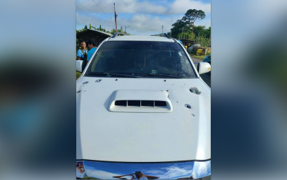 <p><strong>AMBUSHED.</strong> The sports utility vehicle of National Irrigation Authority employee Ismael Gudal is riddled with bullets after he and his daughter were ambushed by still unidentified gunmen along the national highway in Datu HofFer, Maguindanao del Sur, Monday (May 15, 2023). Gudla and his young daughter escaped unscathed<em>. (Photo courtesy of Macky Ampatuan)</em></p>