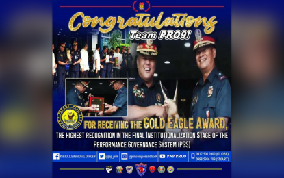 <p><strong>GOLD EAGLE AWARD.</strong> The Philippine National Police confers the Police Regional Office–Zamboanga Peninsula with the Performance Governance System Institutionalized Status in Camp Crame, Quezon City on Monday (May 15, 2023). PRO-9 received the Gold Eagle Award after garnering a rating of 97.5 percent in the institutionalization evaluation process.<em> (Photo lifted from PRO-9 Facebook)</em></p>