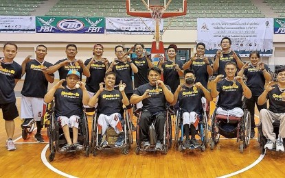 <p><strong>THIRD PLACE</strong>. A group photo of the Philippine men's team after winning the bronze medal at the International Wheelchair Basketball Federation Asia-Oceania Championships in Suphanburi, Thailand on May 13, 2023. The top three teams in the tournament will compete at the Hangzhou Asian Para Games scheduled from Oct. 22-28, 2023. <em>(Contributed photo)</em></p>