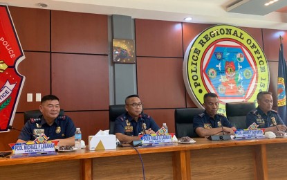 <p><strong>EFFECTIVE POLICE CAMPAIGN.</strong> PRO-13 director Brig. Gen. Pablo Labra II (2nd from left), in an interview on Monday (May 15, 2023) in Butuan City, reports the significant accomplishments in the police campaign against loose firearms, crimes, and terrorism in the Caraga Region. Labra is joined by other top PRO-13 officials, including Col. Michael Lebanan (left), the Deputy Director for Operations; Col. James Goforth (2nd right) the chief of the regional operations division; and Col. Martin Camba (right), head of the regional investigation and detection management division. <em>(PNA photo by Alexander Lopez)</em></p>
