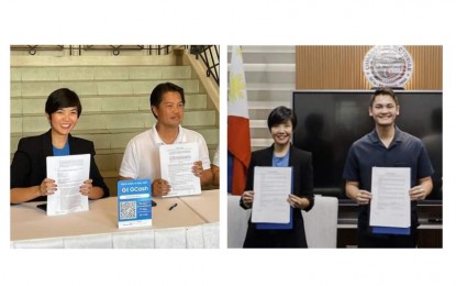 <p><strong>PARTNERSHIP</strong>. GCash head for Public Sector and Partnerships, Cathlyn Pavia, poses with Bacolod City Mayor Alfredo Abelardo Benitez (left photo) and Victorias City Mayor Javier Miguel Benitez (right photo) after the signing of separate agreements with mobile payment solutions firm G-Xchange, Inc. on Wednesday (May 17, 2023). Through the partnership, residents of each city can now pay taxes and government fees through the GCash platform. <em>(Photos courtesy of Bacolod City PIO, Victorias City PIO)</em></p>