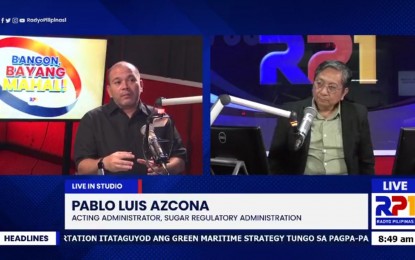 <p><strong>SUGAR IMPORT</strong>. Sugar Regulatory Administration (SRA) Acting Administrator Pablo Luis Azcona (left) assures that the planned importation of 150,000 metric tons of refined sugar will be available for both public consumers and institutional buyers, during his interview in Radyo Pilipinas on Thursday (May 18, 2023). He said the imported sugar should enter the country by mid- or end of September. <em>(Screengrab)</em></p>