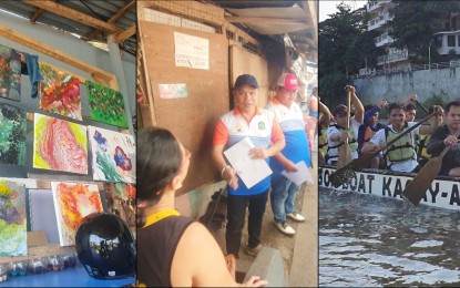<p><strong>ANTI-DRUG INITIATIVES.</strong> The various anti-drug programs and initiatives in Cagayan de Oro City: the artworks (left photo) made by People Who Used Drugs (PWUDs) who have sought help at the Pathway to Recovery Foundation; Barangay Julito Ogsimer leading the "toktok hangyo" drive in his community (center photo); and former PWUDs joining a dragon boat sport. These are part of the aftercare initiative under the four-month Community-Based Rehabilitation Program. <em>(PNA photos by Nef Luczon)</em></p>
