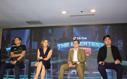 <p><strong>GAMING CONTEST.</strong> TikTok formally launches The Greatest Gamer Philippines at the SM Megamall in Mandaluyong City on May 17, 2023. Present during the press conference were (L-R) John Michael Turcuato, first vice president and head of sports of PLDT-Smart First Vice President; Vanessa Brown, business development director of TikTok Asia-Pacific; Lloyd Manaloto, first vice president and head of prepaid and content of Smart Communications; and Harry Leonardo, esports marketing manager of MOONTON Games, international gaming developer and publisher of Mobile Legends: Bang Bang. <em>(Contributed photo)</em></p>
