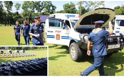 <p><strong>BLESSING.</strong> A police chaplain leads the blessing of new mobility assets and fighting equipment for the BARMM police force at the regional police office grounds in Parang, Maguindanao del Norte on Friday (May 19, 2023). At least four patrol cars, 86 motorbikes, and 200 firearms (inset) were turned over to the BARMM police for the maintenance of peace and order in the region.<em> (Photo courtesy of PRO-BARMM)</em></p>