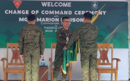 <p><strong>COMMAND TURNOVER</strong>. Maj. Gen. Marion Sison (center), 3rd Infantry Division commander, leads the turnover of command ceremony of the 11th Infantry Battalion on Thursday (May 18, 2023) in Siaton, Negros Oriental. Lt. Col. Michael Aquino (right) is named acting battalion commanding officer, replacing Lt. Col. Roderick Salayo, who has served in the unit for two years. <em>(Photo by Judy Flores Partlow)</em></p>
<p> </p>