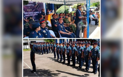 <p><strong>COMMAND VISIT.</strong> The Philippine National Police Chief, PGen. Benjamin Acorda Jr. (upper photo, standing) talks to the uniformed personnel of the Negros Oriental Police Provincial Office during his first-ever command visit on Saturday (May 20, 2023). During a multi-sectoral engagement that followed, it was announced that the planned mass relief of all Negros Oriental police personnel has been put on hold. <em>(Photo by Judy Flores Partlow)</em></p>