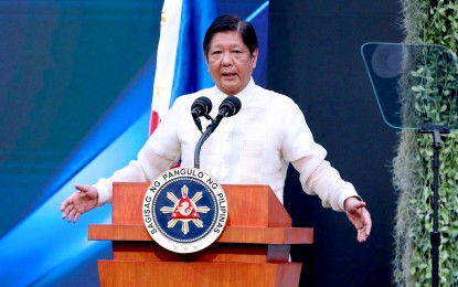 <p><strong>ADB RECEPTION</strong>. President Ferdinand R. Marcos Jr. delivers his speech at the Asian Development Bank during a reception in his honor at the ADB headquarters in Mandaluyong City on Monday (May 22, 2023). Marcos said his administration will strategically integrate the climate agenda into the infrastructure development of the country.<em> (PNA photo by Joey O. Razon)</em></p>