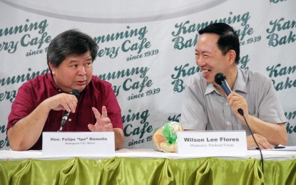 <p><strong>FORUM GUEST.</strong> Dumaguete City Mayor Felipe Antonio Remollo poses with Wilson Lee Flores, moderator of the Pandesal Forum on Monday (May 22, 2023). The mayor said in the forum that he is supporting the plan to postpone the barangay and SK elections. <em>(PNA photo by Robert Oswald P. Alfiler)</em></p>