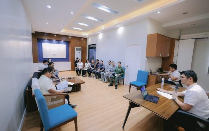 <p><strong>EMERGENCY MEETING</strong>. Victorias City Mayor Javier Miguel Benitez (right) presides over an emergency meeting on Monday (May 22, 2023) to discuss the actions taken by the city government on the molasses spill involving the sugar refinery Victorias Milling Company in northern Negros Occidental. The City Council set a legislative inquiry regarding the incident on Wednesday (May 24).<em> (Photo courtesy of Victorias City Information Office)</em></p>