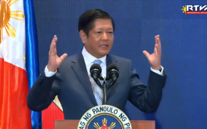<p><strong>FREE TRADE DEAL.</strong> President Ferdinand R. Marcos Jr. urges the European Chamber of Commerce of the Philippines (ECCP) and the European Union (EU) - Association of Southeast Asian Nations (ASEAN) Business Council (EU-ABC) to advocate for the resumption of negotiations for the Philippines and EU's free trade deal during the gala dinner held at the Dusit Thani Hotel in Makati City on Thursday (May 25, 2023). Marcos said the country’s "healthy signs of recovery” from the economic downturn brought about by the pandemic bode well for a stronger and more productive relationship between the Philippines and the EU. <em>(Screenshot from RTVM)</em></p>