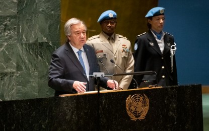 <p>UN Secretary-General Antonio Guterres (left) addresses an event entitled "Dag Hammarskjold Medal Ceremony and Military Gender Advocate of the Year Award" at the UN headquarters in New York, on May 25, 2023. <em>(Photo by Evan Schneider/UN Photo/Handout via Xinhua) </em></p>