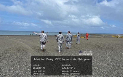 <p><strong>COAST GUARD</strong>. Personnel of the Philippine Coast Guard in Ilocos Norte province patrol the coastline of Paoay town by foot on Monday (May 29, 2023). Soon, they will have their own fiberglass reinforced patrol boat to boost their assets particularly in the conduct of search and rescue operations. <em>(Photo courtesy of Coast Guard Station Ilocos Norte)</em></p>