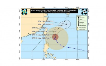 <p>Track and intensity of Typhoon Betty as of 11 a.m. on Wednesday (May 31, 2023). <em>(Image courtesy of PAGASA weather bureau)</em></p>