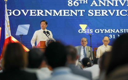 <p><strong>GSIS ANNIVERSARY</strong>. President Ferdinand R. Marcos Jr. delivers a speech during the 86th anniversary of the Government Service Insurance System (GSIS) at its headquarters in Pasay City on Wednesday (May 31, 2023). Marcos hailed the GSIS’ involvement in the ongoing "comprehensive and multisectoral" discussions on the proposed military and uniformed personnel (MUP) pension reform. <em>(PNA photo by Rey Baniquet)</em></p>
