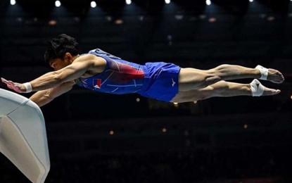 <p><strong>TOP BET</strong>. The Philippines' Carlos Edriel Yulo competes during the men's vault final at the World Gymnastics Championships in Liverpool, England in November 2022. He will be among the favorites during the Asian Artistic Gymnastics Championships in Singapore on June 15 to 18, 2023. <em> (Photo from AFP/VNA) </em></p>