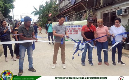 <p><strong>COMPLETED PROJECTS.</strong> Governor Nilo Demerey Jr. (center) leads the turnover of five completed infrastructure projects worth over PHP10.5 million to the different barangays in San Jose town in Dinagat Islands on Thursday (June 1, 2023). Demerey also released on the same day some PHP365,000 funding to support the various programs in seven barangays. <em>(Photo courtesy of PIO Dinagat Islands)</em></p>