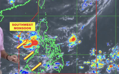 <p><strong>HABAGAT. </strong> Southwest monsoon or "habagat" will bring rains over the western section of the country, says the state's weather bureau on Saturday (June 3, 2023). The rest of the country will experience partly cloudy to cloudy skies.  <em>(Screengrab from PAGASA Facebook page)</em></p>