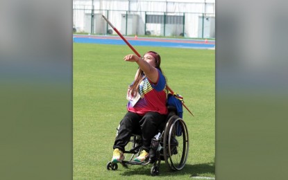 <p><strong>DOUBLE GOLD</strong>. Philippines’ Cendy Asusano competes in the women's javelin throw F54 at the Morodok Techo National Stadium in Phnom Penh, Cambodia on June 5, 2023. She won the event to claim her second gold medal. <em>(Media pool photo)</em></p>